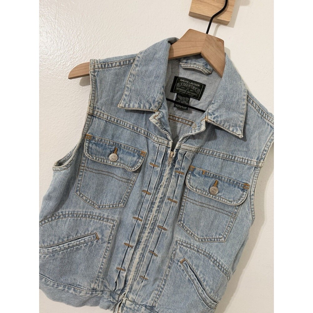 Vintage Ralph Lauren Country Denim Vest Y2K 90s Western Utility Pocket Blue Med